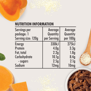 Wattie's® Organic Beef, Butternut Pumpkin & Rice with Spinach Nutritional