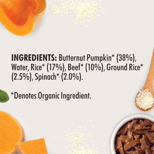 Wattie's® Organic Beef, Butternut Pumpkin & Rice with Spinach Ingredients